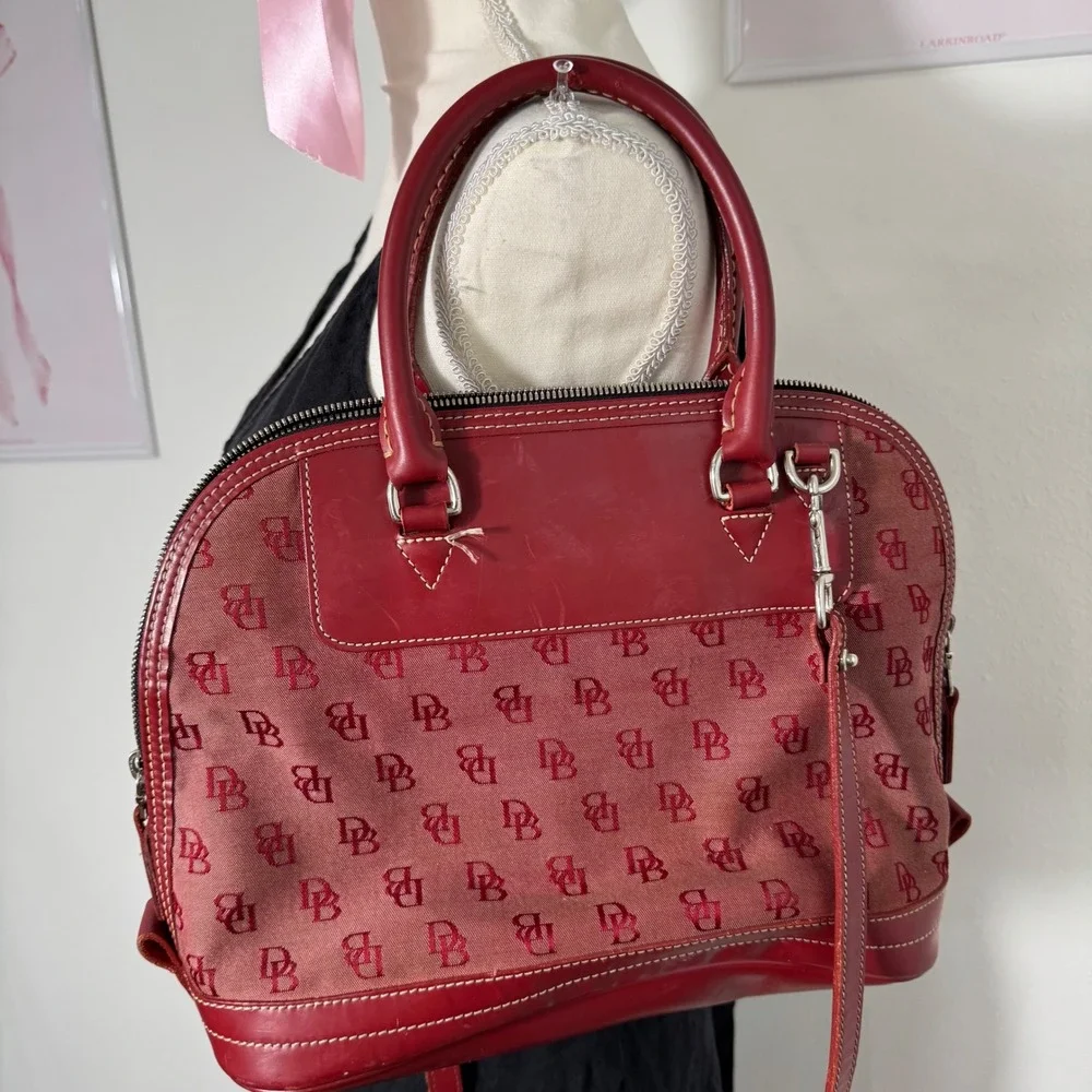 Dooney & Bourke Vintage Red Monogram Canvas Leather Dome Satchel Bag